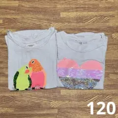 【2枚セット】 120cm スパンコール 色が変わる ハート&鳥のTシャツ