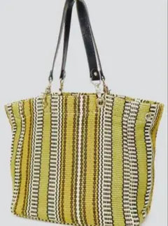 美品 フランソワ レニエ コットンニット×レザー トートバッグ 可愛い黄色系柄