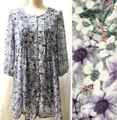 M 美品　ハーモニカ　花柄　ラベンダー　ブラウス　チュニック　リボン　シースルー