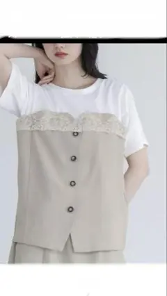 レース付きボタンデザイン 半袖Tシャツ ホワイト/ベージュ