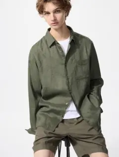 【UNIQLO】ユニクロ　プレミアム　リネンシャツ M オリーブ②