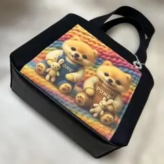 帆布使いトートバッグパネル=毛糸♡編み編みうさぎとわんこポメラニアン