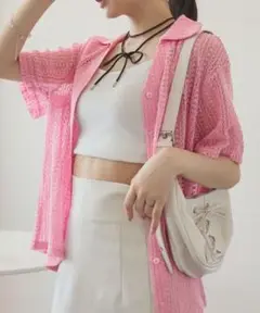 ピンク レースシアーシャツ 半袖シャツ