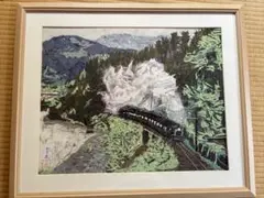 大井川鐵道 蒸気機関車 古布 切り絵アート A4サイズ 木製フレーム