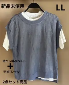 【新品未使用】2点セット★透かし編みベスト+半袖TシャツLL水色