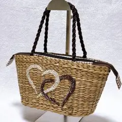 【美品】ハウスオブアンリ　かごバッグ　ハート　ビーズ　チェック　ハンドバッグ