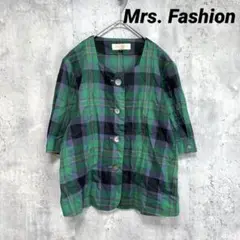 【Mrs. Fashion】ショート丈チェック柄シャツ グリーン 11サイズL