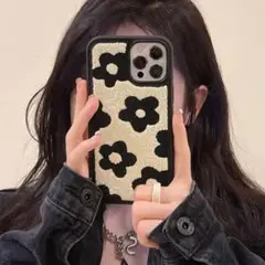 花柄 iPhoneケース ホワイト iPhone15Pro ブラック