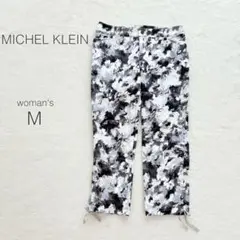 【ミッシェルクラン】クロップドパンツ 総柄 ギャザー【M】ストレッチ 美脚 上品