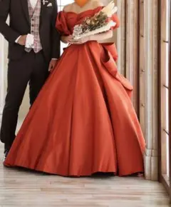 オレンジ テラコッタパフスリーブドレス サテンドレス オフショルダー 結婚式