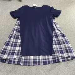 新品未使用　Tシャツ　カットソー　チュニック 半袖　紺×チェック