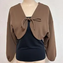 ブラウン クロスオーバー ボレロ　【Ｍ】　リボン付き カーディガン　美品
