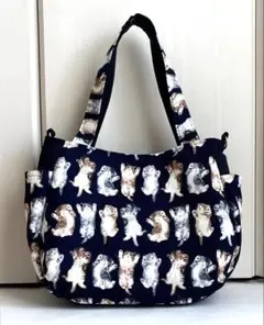 【値下げ】チューリップトートバッグ　ネイビー　あおむけニャンコ柄　ハンドメイド