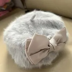 ベレー帽　未使用　グレーファー　リボン付き