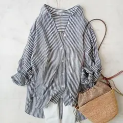美品 23区 リベコ リネン100％ ストライプ ベーシックシャツ 38 洗える