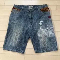 7.9 絡繰魂 カラクリダマシイ デニムショートパンツ 刺繍 和柄 鯉 40