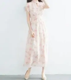 シフォン　ワンピース　フレア　ハイウエスト　花柄　ミモレ丈　きれいめフリル S