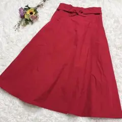 インデックス【L】リボン付き　ロングフレアスカート　ウエストゴム　コットン混　赤