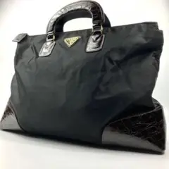 高級品✨ PRADA ハンドバッグ ブラック 黒 クロコ型押し 三角ロゴ