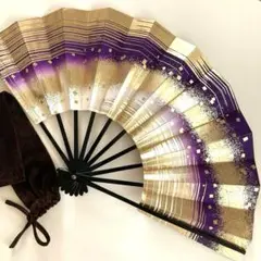 舞扇子 舞扇 舞踊 日舞 九寸五分 29cm 黒塗竹 紫 金 金色 扇子入れ付