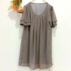 新品★ティアクラッセ★フリル 半袖チュニック【L】プリーツ 透け感 くすみピンク