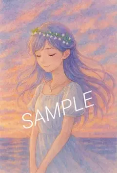 夕焼けと美少女イラスト アニメ風 水彩風 kawaii 幻想的No.92