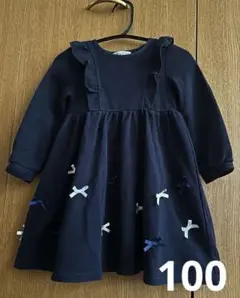 《anyFAM》リボン　フリル　長袖　ワンピース　ネイビー　100