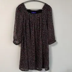 【美品】七分袖　チュニック　フリーサイズ　花柄　ブラック