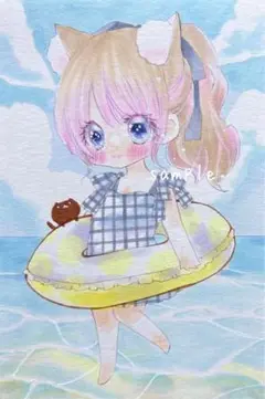 手描きイラスト☆猫と海
