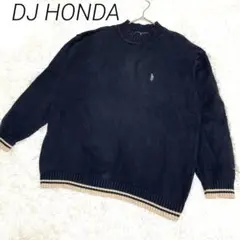 DJ HONDAネイビー リブ編み セーター ロゴ刺繍　メンズ　Ｌ　ゆったり