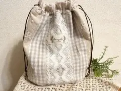 ♪ハンドメイド♪ ショルダーにもなるナチュラルパッチの巾着袋