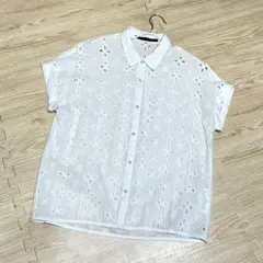 お値下げ中　フラワーデザイン刺繍コットンレースブラウス　ホワイト半袖　透け感