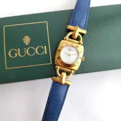 箱付き グッチ GUCCI 6300L ホースビット 革ベルト ブルー クオーツ