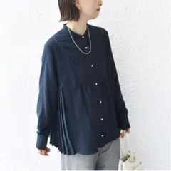 【極美品】SHIPS　ジョーゼット　ブラウス　プリーツ　パール釦　長袖　ネイビー