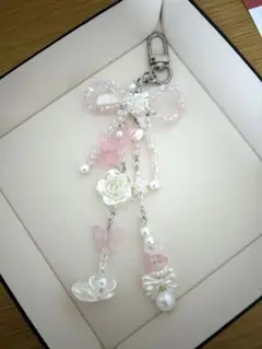 ハンドメイド ビーズリボンキーホルダー