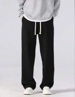 SHEIN メンズ パンツ 無地 ワイド 紐調節 スラックス ストレートブラック