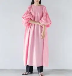 yuw ユウ リネン モンスタータックワンピース ピンク