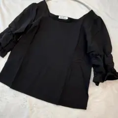 【限定入荷】カットソー　ブラウス　L 　ブラック　スクエアネック　韓国　ギャザー