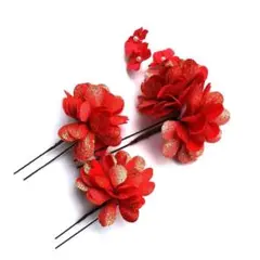 美品◎ 赤×金 花飾り 髪飾り 振袖 卒業式 袴 ハーフ成人式 十三参り