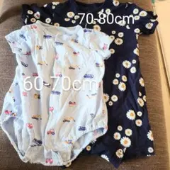 【美品】西松屋　60-80cm　半袖ロンパース2枚セット　　ネイビー　水色　花柄