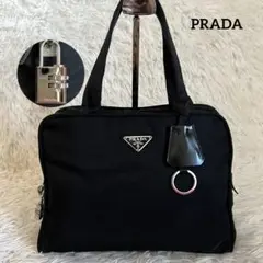 美品✨プラダ ミニ ボストンバッグ カデナ 三角プレート ナイロン レザー 黒