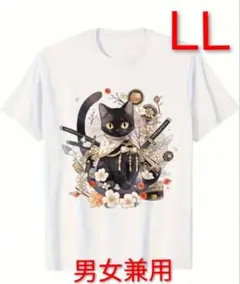 新品♪黒猫の武士風デザイン Tシャツ ねこ侍アートプリントＴシャツ LＬ 猫