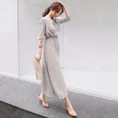 ロングワンピース Aライン プリーツスカート きれいめ グレー M