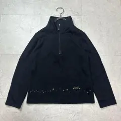 ハーフジップトップス ハイネック ロゴ刺繍 ブラック M 春秋
