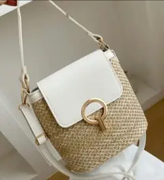 【新品】ミニショルダーバッグ 白×ベージュ メッシュバッグ スマホショルダー