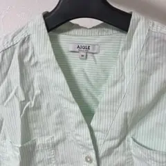 AIGLE 薄緑ストライプ 長袖シャツ 38