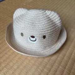 クマの顔付きベージュ麦わら帽子