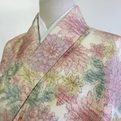 【春】12170n 着物 紬 紅葉と菊文様 しつけ付き
