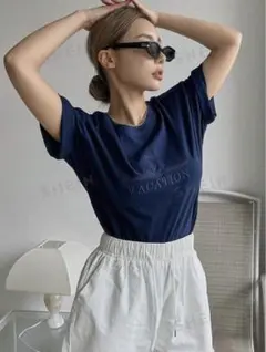 刺繍デザイン　トレンドtシャツ　半袖　ネイビー
