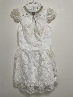 白 レース 花柄刺繍 ストーン付きノースリーブ ミニワンピース